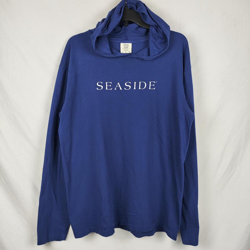 Seaside Shirt Mens Large Blue Hooded Long Sleeve Comfort Colors Beach Tee